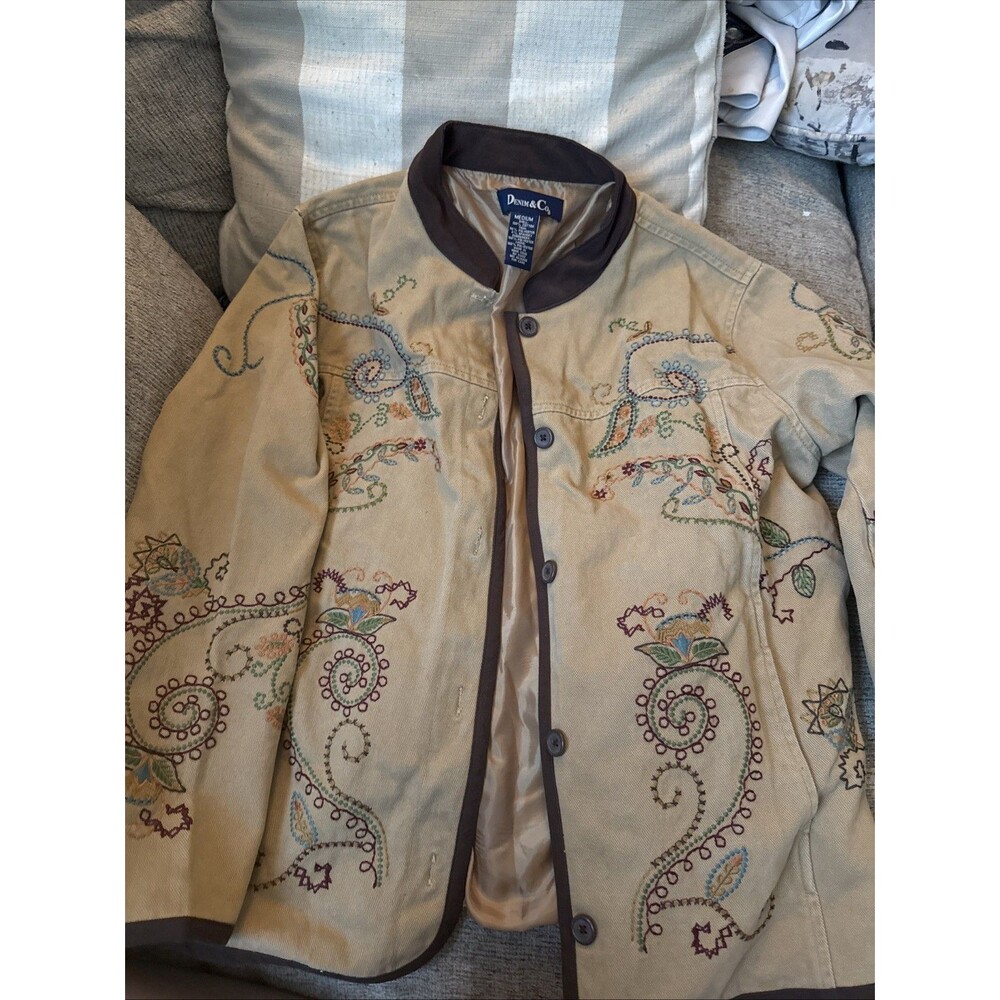 Denim & Co Women Jean Jacket Size M Brown Embroidered Floral Fall Thanksgiving